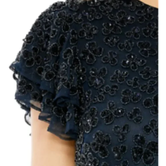 MAC DUGGAL 10771 FLOUNCE SLEEVE MIDI MIDNIGHT NAVY MIDI DRESS sz 6
